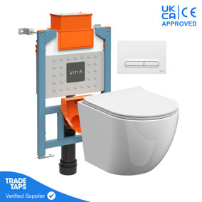 Rimless Wall Hung Toilet Pan with VITRA 0.82m Low Height Concealed Cistern Frame  WC - Loop T - Shiny White Dual Flush Plate