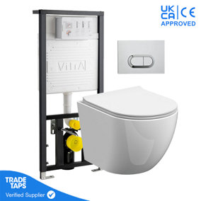 Rimless Wall Hung Toilet Pan with VITRA 1.12m Concealed Cistern Frame - Loop O - Chrome Dual Flush Plate
