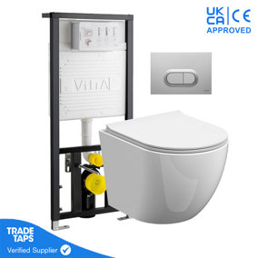 Rimless Wall Hung Toilet Pan with VITRA 1.12m Concealed Cistern Frame - Loop O - Matt Chrome Dual Flush Plate