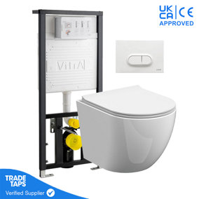 Rimless Wall Hung Toilet Pan with VITRA 1.12m Concealed Cistern Frame - Loop O - Shiny White Dual Flush Plate