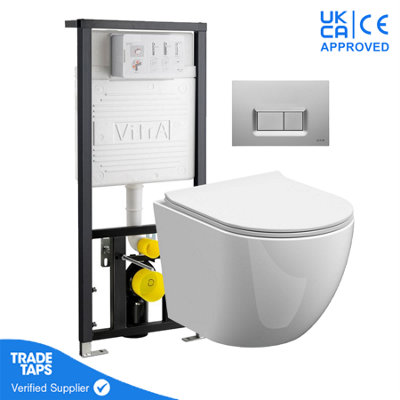 Rimless Wall Hung Toilet Pan with VITRA 1.12m Concealed Cistern Frame - Loop R - Steel - Anti Fingerprint Dual Flush Plate