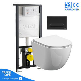 Rimless Wall Hung Toilet Pan with VITRA 1.12m Concealed Cistern Frame - Loop T-  Matt Black Dual Flush Plate