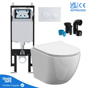Rimless Wall Hung Toilet Pan with VIVA Slim Concealed Cistern Frame 1.14-1.35m & Gloss White Flush Plate