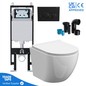 Rimless Wall Hung Toilet Pan with VIVA Slim Concealed Cistern Frame 1.14-1.35m & Matt Black Flush Plate