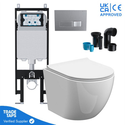 Rimless Wall Hung Toilet Pan with VIVA Slim Concealed Cistern Frame 1.14-1.35m & Square Chrome Flush Plate