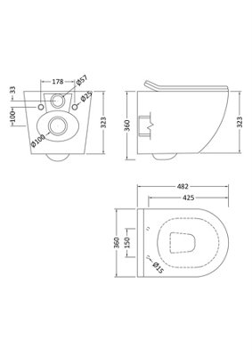 Rimless Wall Hung Toilet Pan with VIVA Slim Concealed Cistern Frame 1.14-1.35m & Square Matt Black Flush Plate