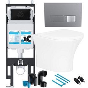 Rimless Wall Hung Toilet & Soft Close Seat with Viva Concealed Cistern Frame Set - Gloss Chrome Flush Plate