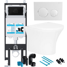 Rimless Wall Hung Toilet & Soft Close Seat with Viva Concealed Cistern Frame Set - Gloss White Round Button Flush Plate