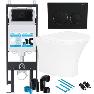 Rimless Wall Hung Toilet & Soft Close Seat with Viva Concealed Cistern Frame Set - Matt Black Round Button Flush Plate