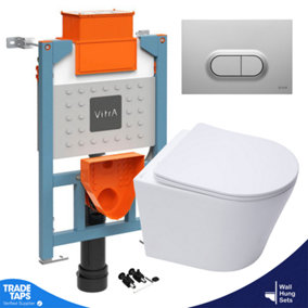 Rimless Wall Hung Toilet & VITRA 0.75m Low Concealed Cistern Frame Curve Plate-Complete Set-Anti-Fingerprint Plate