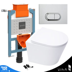 Rimless Wall Hung Toilet & VITRA 0.75m Low Concealed Cistern Frame Curve Plate-Complete Set-Gloss Chrome Plate