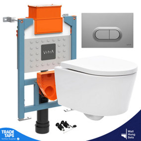 Rimless Wall Hung Toilet & VITRA 0.75m Low Concealed Cistern Frame Round Plate- Complete Set - Matt Chrome Plate