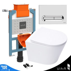 Rimless Wall Hung Toilet & VITRA 0.75m Low Concealed Cistern Frame Slim Plate-Complete Set - Gloss Chrome Plate