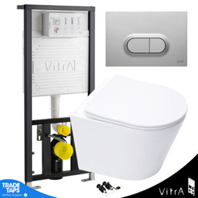 Rimless Wall Hung Toilet & VITRA 1.27m Concealed WC Cistern Frame Curve Plate-Complete Set - Anti-Fingerprint Plate