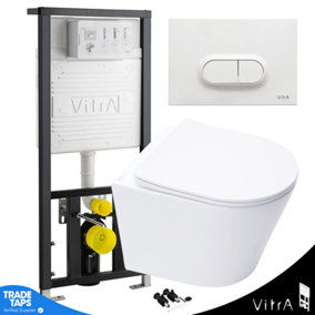 Rimless Wall Hung Toilet & VITRA 1.27m Concealed WC Cistern Frame Curve Plate-Complete Set - Gloss White Plate