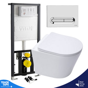 Rimless Wall Hung Toilet & VITRA 1.27m Concealed WC Cistern Frame Slimline Plate-Complete Set - Gloss Chrome Plate