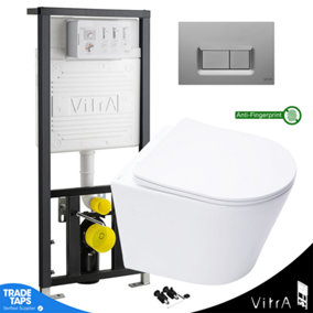 Rimless Wall Hung Toilet & VITRA 1.27m Concealed WC Cistern Frame Square Plate-Complete Set - Matt Chrome Plate