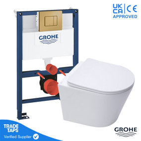 Rimless Wall Hung Toilet WC Pan with GROHE 0.82m Concealed Cistern Dual Flush  Frame - Brushed Cool Sunrise