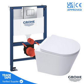 Rimless Wall Hung Toilet WC Pan with GROHE 0.82m Concealed Cistern Dual Flush  Frame - Chrome