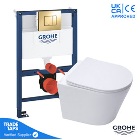 Rimless Wall Hung Toilet WC Pan with GROHE 0.82m Concealed Cistern Dual Flush  Frame - Cool Sunrise