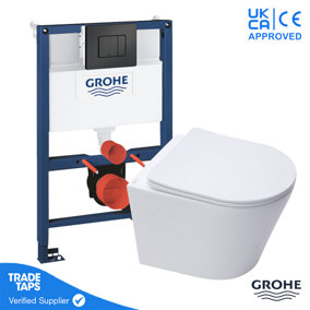 Rimless Wall Hung Toilet WC Pan with GROHE 0.82m Concealed Cistern Dual Flush  Frame - Phantom Black