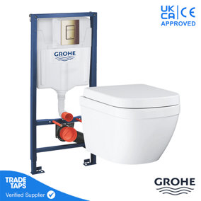 Rimless Wall Hung Toilet WC Pan with GROHE 1.13m Concealed Cistern Dual Flush  Frame - Brushed Cool Sunrise