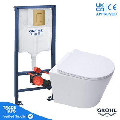 Rimless Wall Hung Toilet WC Pan with GROHE 1.13m Concealed Cistern Dual Flush  Frame - Brushed Cool Sunrise