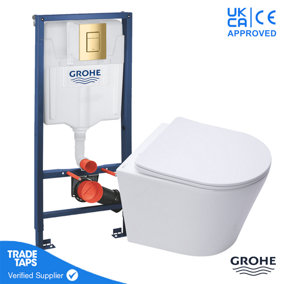 Rimless Wall Hung Toilet WC Pan with GROHE 1.13m Concealed Cistern Dual Flush  Frame - Cool Sunrise