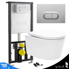 Rimless Wall Hung Toilet White & VITRA Concealed WC Cistern Frame Curve Plate-Complete Set - Anti-Fingerprint Plate