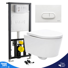 Rimless Wall Hung Toilet White & VITRA Concealed WC Cistern Frame Curve Plate-Complete Set-Gloss White Plate