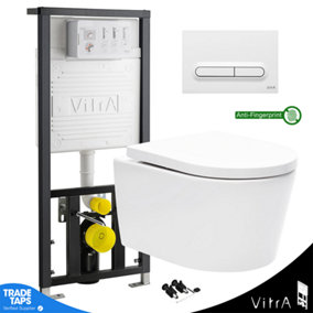 Rimless Wall Hung Toilet White & VITRA Concealed WC Cistern Frame Slim Plate-Complete Set - Anti-Fingerprint Plate