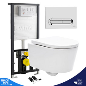 Rimless Wall Hung Toilet White & VITRA Concealed WC Cistern Frame Slim Plate-Complete Set - Gloss Chrome Plate