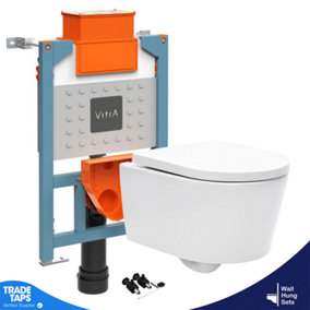 Rimless Wall Hung Toilet White & VITRA Concealed WC Cistern Frame Slim Plate- Wall Hung Toilet Only