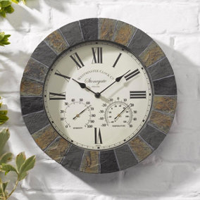 Ringstone Wall Clock & Thermometer - Weather Resistant Quartz Clock with Roman Numerals, Humidity & Temperature Dials - 34cm Dia