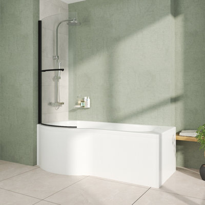 Rinse 1700x850x415mm P-Shaped Bath Left Hand + Black Bath Screen With ...