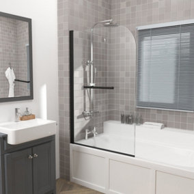 Rinse 800x1400 Bath Screen Pivot Bath Shower Easy Clean Glass Screen Reversible Door Panel Black with Towel Rail