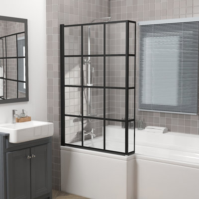 Rinse 800x1400mm Pivot Double Panel Over Bath Shower Screen Door 6mm Easy Clean Glass Shelves Door Panel Black Grid