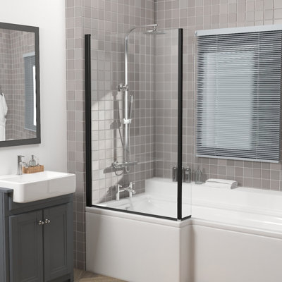 Rinse 810x1400mm Pivot Double Panel Over Bath Shower Screen Door 6mm Easy Clean Glass Shelves Door Panel Black