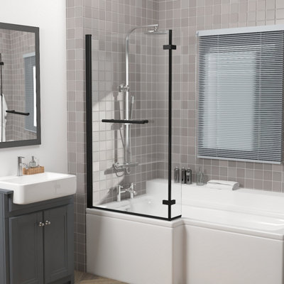 Rinse 810x1400mm Square Bath Shower Screen Bifold 6mm Safety Glass Easy Clean Panel Frameless Pivot Screen Black with Towel Rail