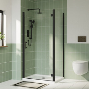 Rinse Bathroom Shower Enclosure Hinged Door with Side Panel 6mm Clear Safety Glass Shower Cubicle Matte Black 1000x760mm