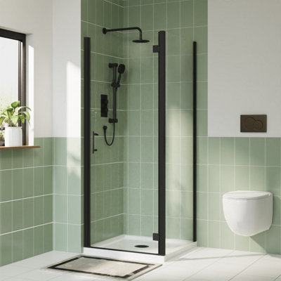 Rinse Bathroom Shower Enclosure Hinged Door with Side Panel 6mm Clear Safety Glass Shower Cubicle Matte Black 700x1000mm