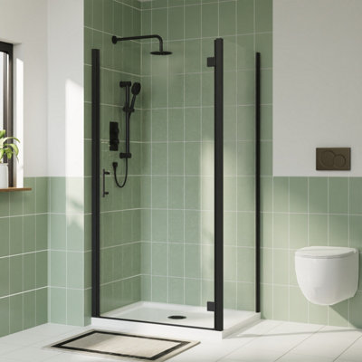 Rinse Bathroom Shower Enclosure Hinged Door with Side Panel 6mm Clear Safety Glass Shower Cubicle Matte Black 900x800mm Price Comparisons | Compare The Build