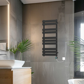 Rinse Bathrooms 1000x450mm Black Designer Flat Panel Electric Heated Towel Rail Thermostatic Timer Bathroom Towel Radiator 600W