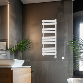 Rinse Bathrooms 1000x450mm White Designer Flat Panel Electric Heated Towel Rail Thermostatic Timer Bathroom Towel Radiator 600W