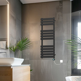 Rinse Bathrooms 1200x450mm Black Designer Flat Panel Electric Heated Towel Rail Thermostatic Timer Bathroom Towel Radiator 600W