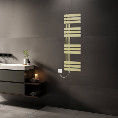 Rinse Bathrooms 1200x450mm Brushed Brass Designer Bathroom Electric Heated Towel Rail Rad Ladder Radiator Kit 600W Price Comparisons | Compare The Build