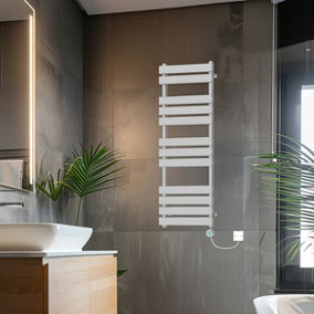 Rinse Bathrooms 1200x450mm Chrome Flat Panel Electric Heated Towel Rail Thermostatic Timer Bathroom Towel Radiator 600W