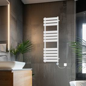 Rinse Bathrooms 1200x450mm White Designer Flat Panel Electric Heated Towel Rail Thermostatic Timer Bathroom Towel Radiator 600W