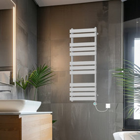 Rinse Bathrooms 1200x500mm Chrome Flat Panel Electric Heated Towel Rail Thermostatic Timer Bathroom Towel Radiator 600W