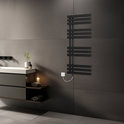 Rinse Bathrooms 1200x600mm Black Designer Bathroom Electric Heated Towel Rail Rad Ladder Radiator Kit 700W Price Comparisons | Compare The Build